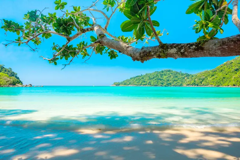 Lagon turquoise et sable blanc sous un ciel bleu